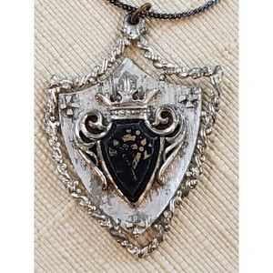 Vintage Unsigned Large Shield Metal Medallion Necklace, Crown Cross Floral Motif